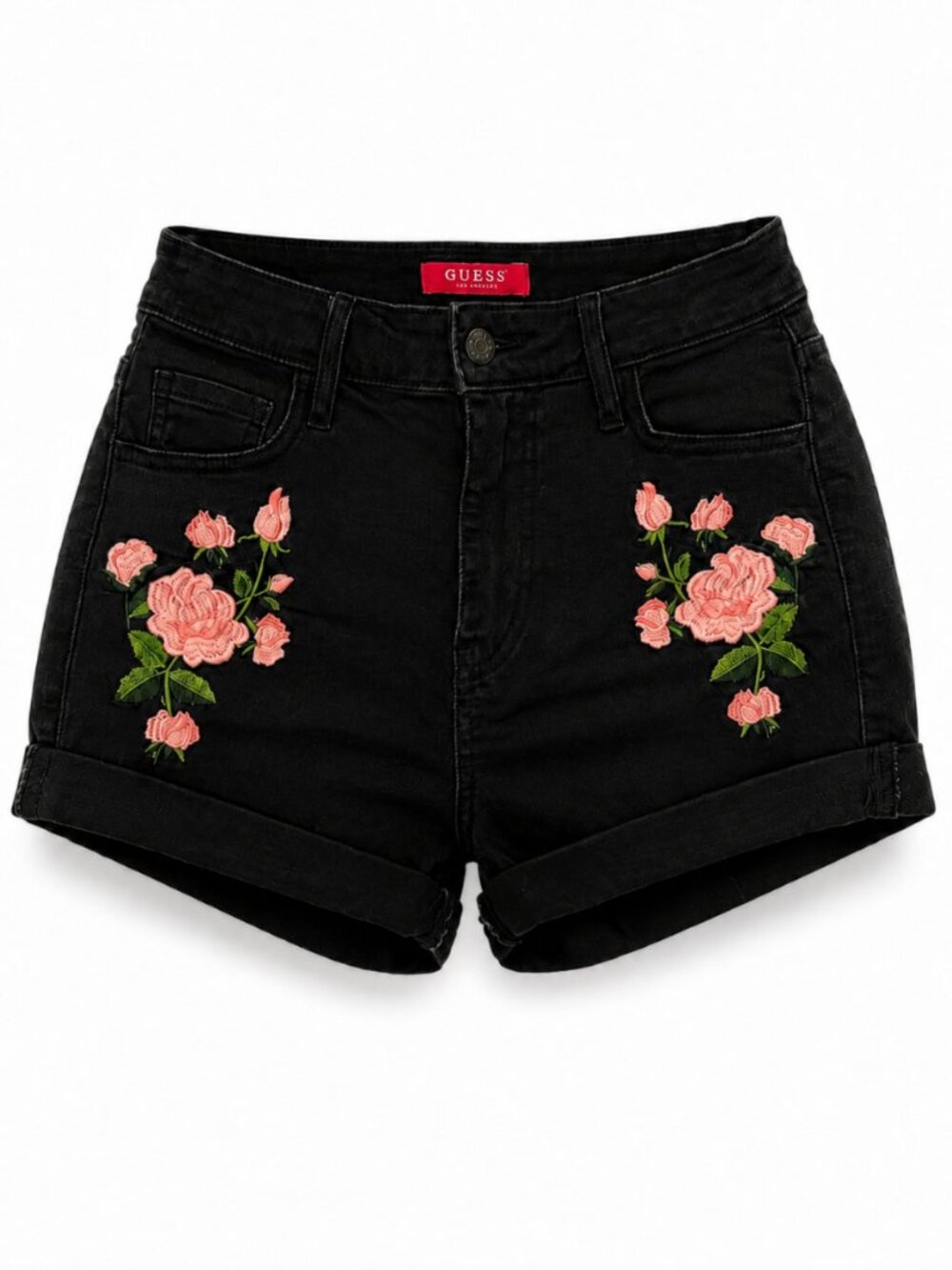 💖 2/40 Guess Black Denim Rose Embroidered Shorts Size 27